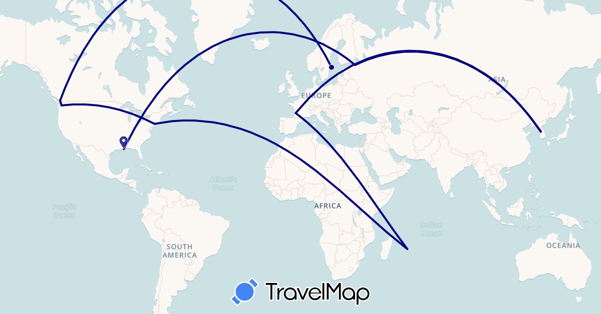 TravelMap itinerary: driving in Canada, France, South Korea, Mauritius, Russia, Sweden, United States (Africa, Asia, Europe, North America)